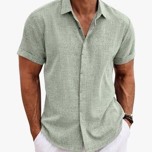 Light Green Rayon Linen Blend Short Sleeve Button Down Shirt- Men’s